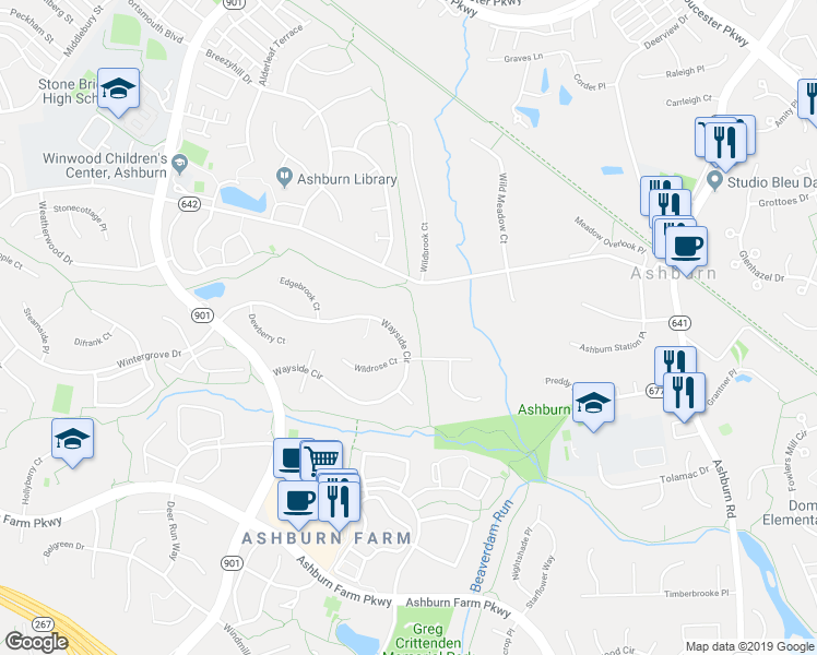 map of restaurants, bars, coffee shops, grocery stores, and more near 43280 Wayside Cir in Ashburn