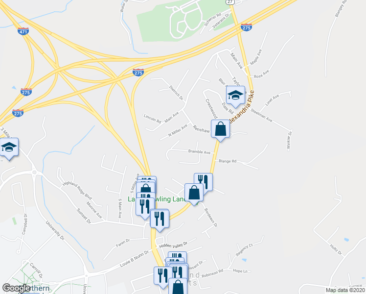 map of restaurants, bars, coffee shops, grocery stores, and more near 127 Bramble Avenue in Highland Heights
