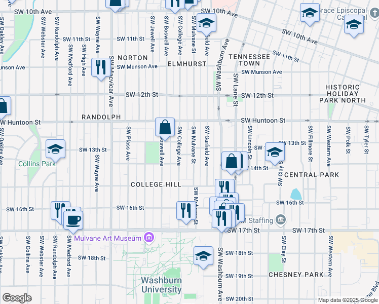 map of restaurants, bars, coffee shops, grocery stores, and more near 1298 Southwest College Avenue in Topeka