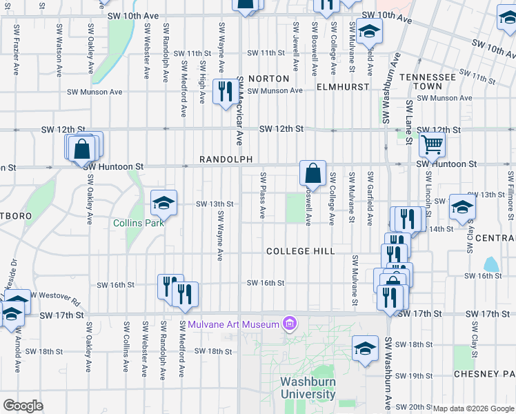 map of restaurants, bars, coffee shops, grocery stores, and more near 1320 Southwest Plass Avenue in Topeka