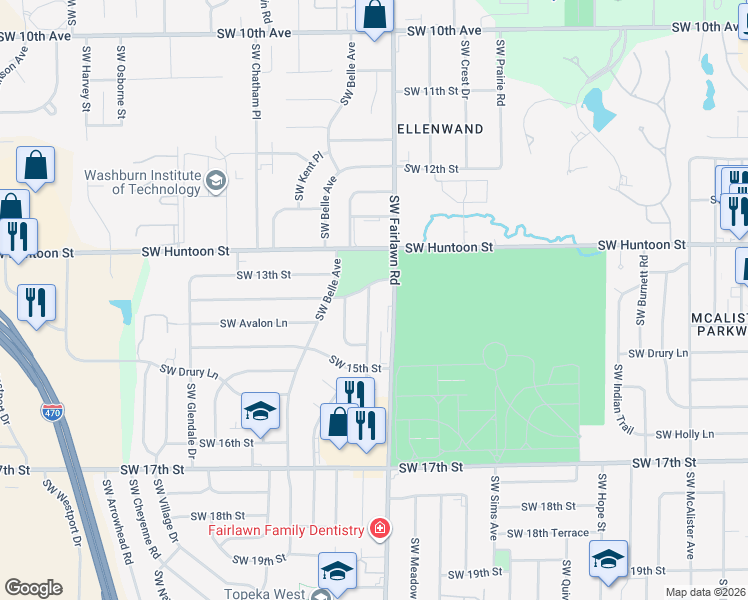 map of restaurants, bars, coffee shops, grocery stores, and more near 1409 Southwest Fairlawn Road in Topeka