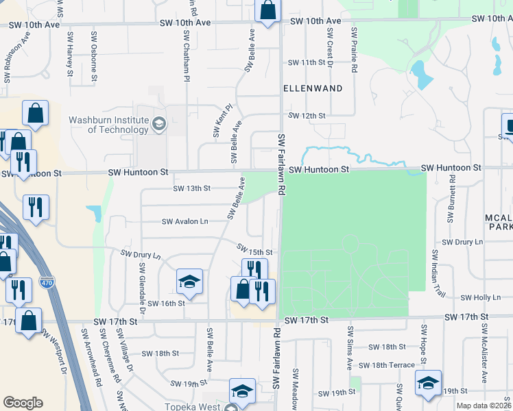 map of restaurants, bars, coffee shops, grocery stores, and more near 1402 Southwest Lancaster Street in Topeka