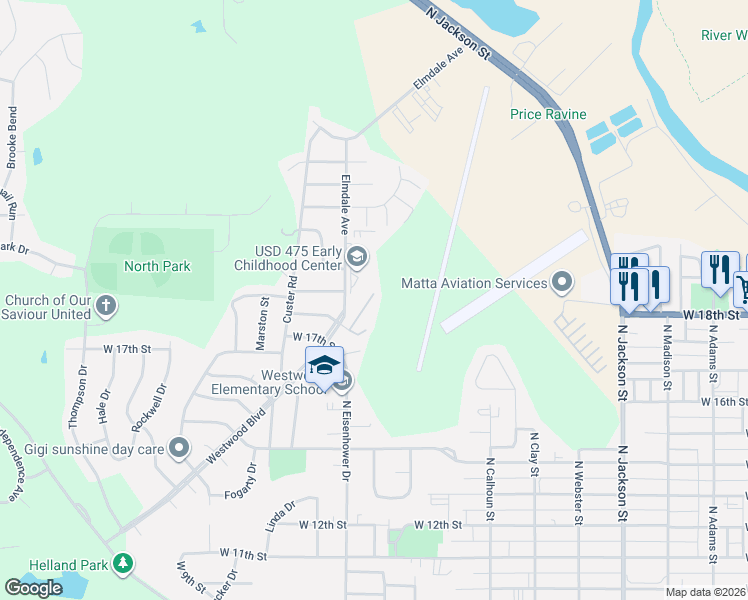 map of restaurants, bars, coffee shops, grocery stores, and more near 1717 Westwood Boulevard in Junction City
