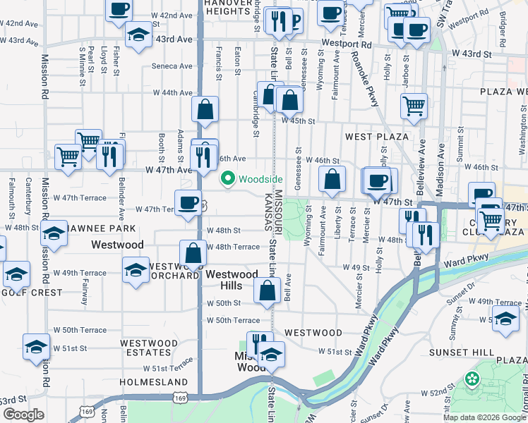 map of restaurants, bars, coffee shops, grocery stores, and more near 1908 West 47th Terrace in Westwood