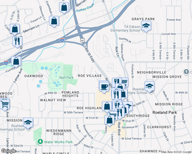 map of restaurants, bars, coffee shops, grocery stores, and more near 5101 Skyline Drive in Roeland Park