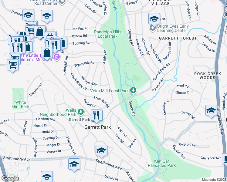 map of restaurants, bars, coffee shops, grocery stores, and more near 11401 Ashley Drive in Rockville