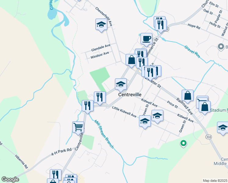 map of restaurants, bars, coffee shops, grocery stores, and more near 309 South Liberty Street in Centreville