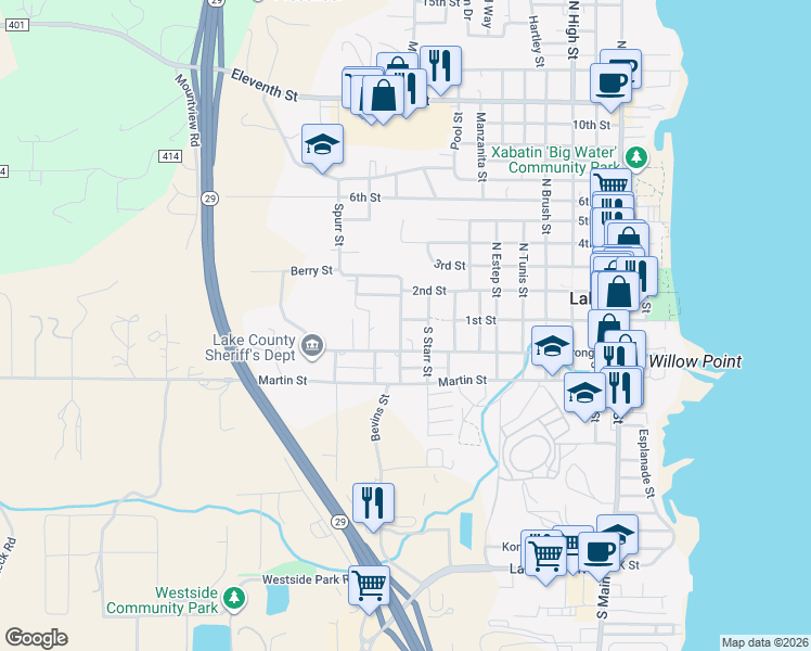 map of restaurants, bars, coffee shops, grocery stores, and more near 110 South Russell Street in Lakeport