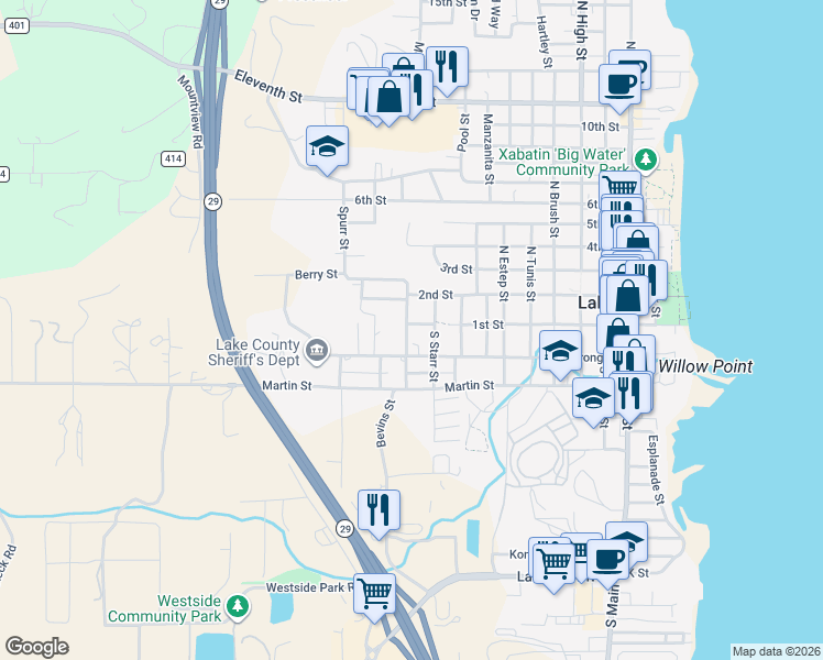 map of restaurants, bars, coffee shops, grocery stores, and more near 110 South Russell Street in Lakeport