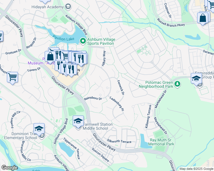 map of restaurants, bars, coffee shops, grocery stores, and more near 20737 Rainsboro Drive in Ashburn