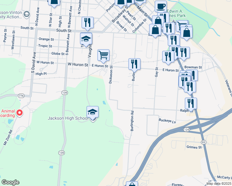 map of restaurants, bars, coffee shops, grocery stores, and more near 122 Dickason Street in Jackson