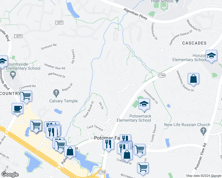 map of restaurants, bars, coffee shops, grocery stores, and more near 46233 Allsbrook Place in Sterling
