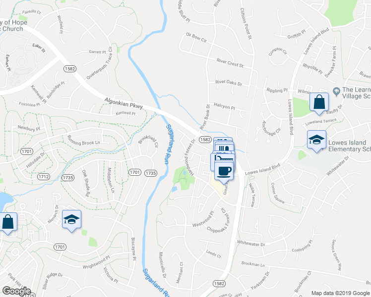 map of restaurants, bars, coffee shops, grocery stores, and more near 20704 Waterfall Branch Terrace in Sterling