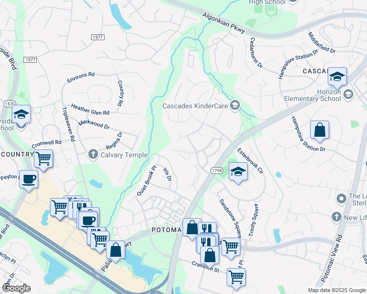 map of restaurants, bars, coffee shops, grocery stores, and more near 46233 Allsbrook Place in Sterling