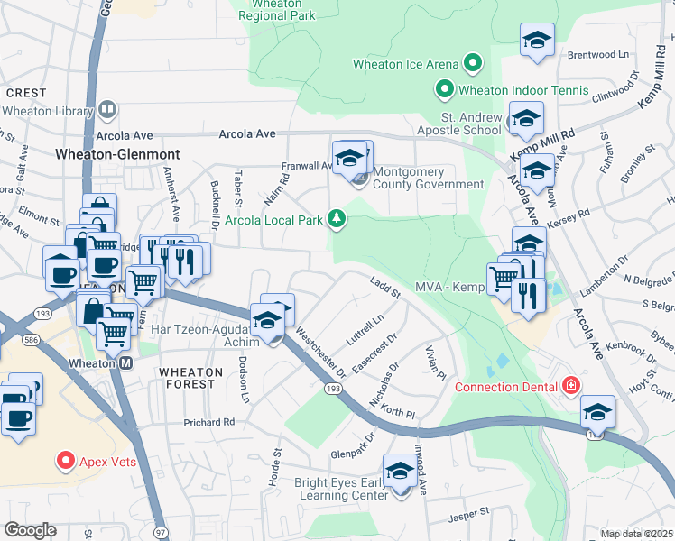 map of restaurants, bars, coffee shops, grocery stores, and more near 1737 Ladd Street in Silver Spring