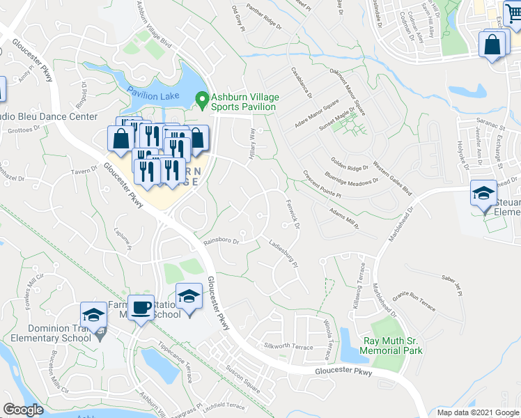 map of restaurants, bars, coffee shops, grocery stores, and more near 20737 Rainsboro Drive in Ashburn