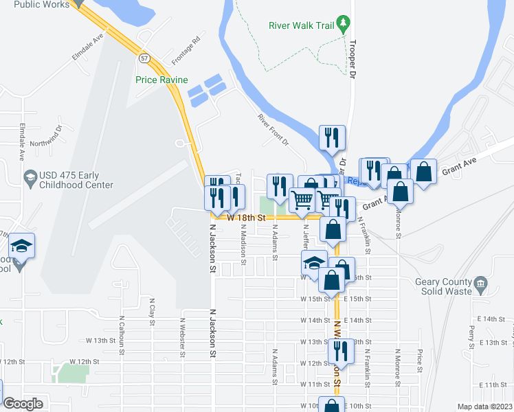 map of restaurants, bars, coffee shops, grocery stores, and more near 1815 North Madison Street in Junction City