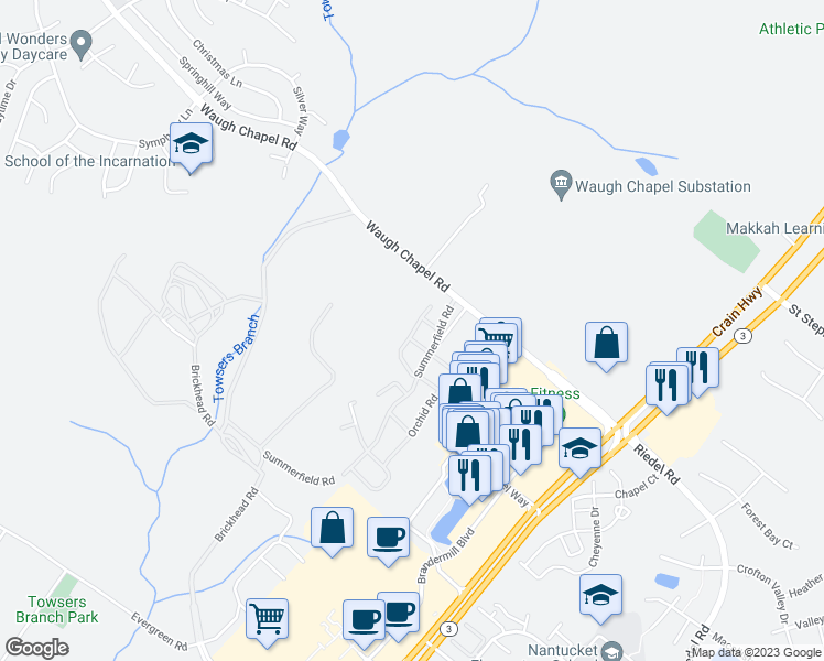 map of restaurants, bars, coffee shops, grocery stores, and more near 1008 Red Clover Road in Gambrills