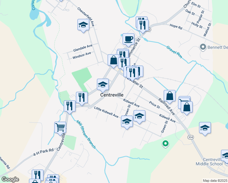 map of restaurants, bars, coffee shops, grocery stores, and more near 205 South Commerce Street in Centreville
