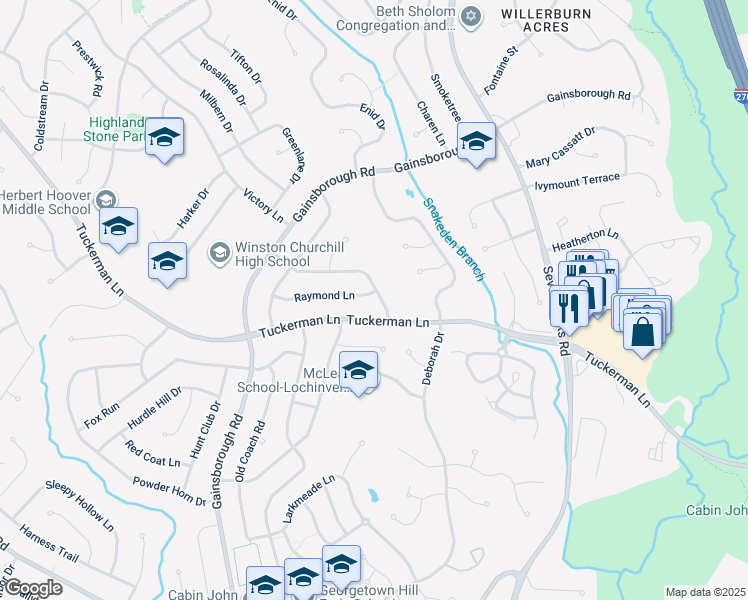 map of restaurants, bars, coffee shops, grocery stores, and more near 8200 Raymond Ln in Potomac