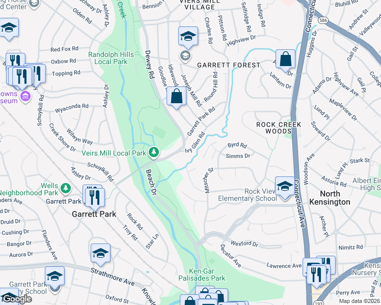map of restaurants, bars, coffee shops, grocery stores, and more near 4322 Ivy Glen Road in Silver Spring