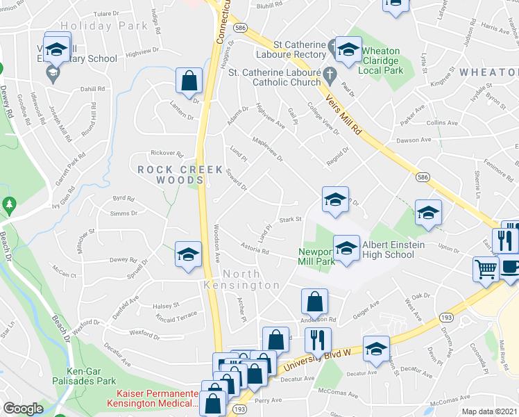 map of restaurants, bars, coffee shops, grocery stores, and more near 11408 Soward Drive in Kensington