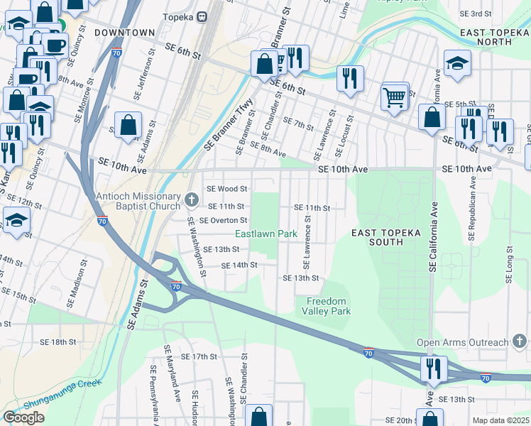 map of restaurants, bars, coffee shops, grocery stores, and more near 1115 Southeast 10th Avenue in Topeka