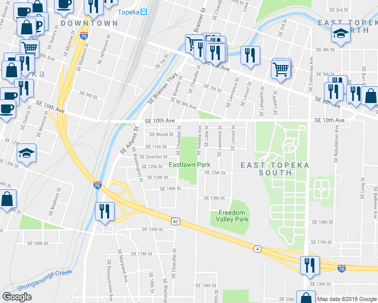 map of restaurants, bars, coffee shops, grocery stores, and more near 1115 Southeast 10th Avenue in Topeka