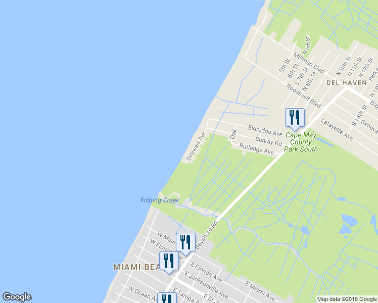 map of restaurants, bars, coffee shops, grocery stores, and more near 307 Delaware Avenue in Cape May County