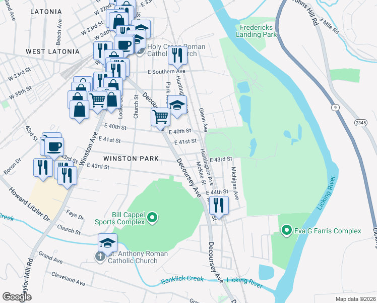 map of restaurants, bars, coffee shops, grocery stores, and more near 306 East 42nd Street in Covington