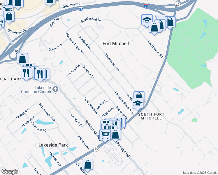 map of restaurants, bars, coffee shops, grocery stores, and more near 53 Pleasant Ridge Avenue in Fort Mitchell