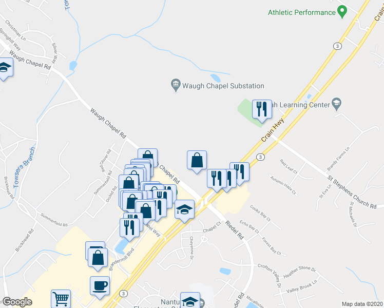 map of restaurants, bars, coffee shops, grocery stores, and more near 1406 Wigeon Way in Gambrills