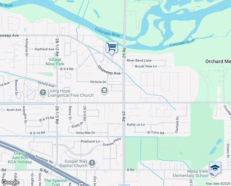 map of restaurants, bars, coffee shops, grocery stores, and more near 2893 Seely Road in Grand Junction