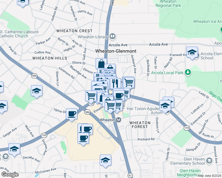 map of restaurants, bars, coffee shops, grocery stores, and more near 11423 Georgia Avenue in Silver Spring