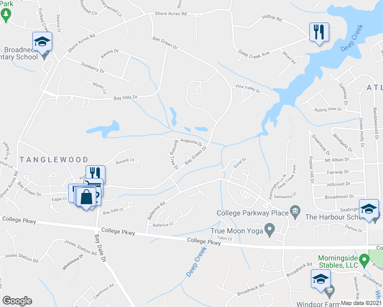map of restaurants, bars, coffee shops, grocery stores, and more near 554 Bay Green Drive in Arnold