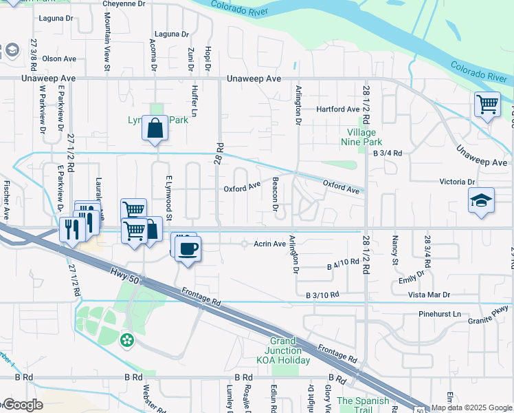 map of restaurants, bars, coffee shops, grocery stores, and more near 255 Beacon Court in Grand Junction