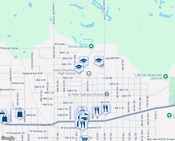 map of restaurants, bars, coffee shops, grocery stores, and more near 899 1st Street Northeast in Linton