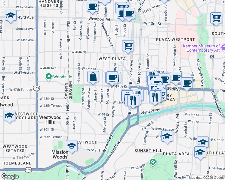 map of restaurants, bars, coffee shops, grocery stores, and more near 4717 Holly Street in Kansas City