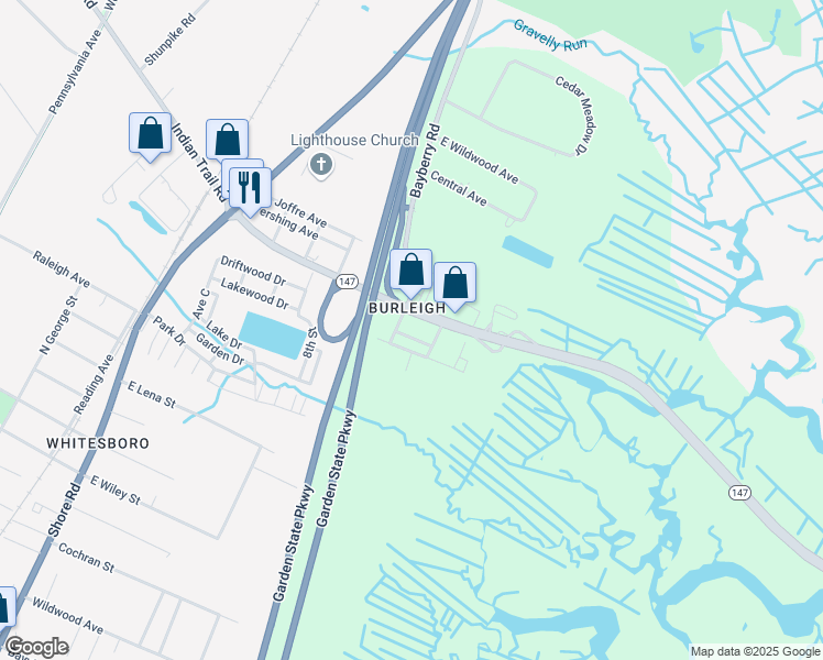 map of restaurants, bars, coffee shops, grocery stores, and more near 513 North Wildwood Boulevard in Middle Township