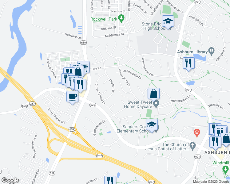 map of restaurants, bars, coffee shops, grocery stores, and more near 20726 Citation Drive in Ashburn