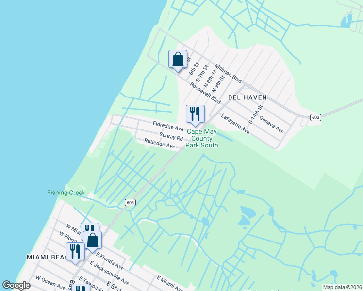 map of restaurants, bars, coffee shops, grocery stores, and more near 2 Rutledge Avenue in Villas