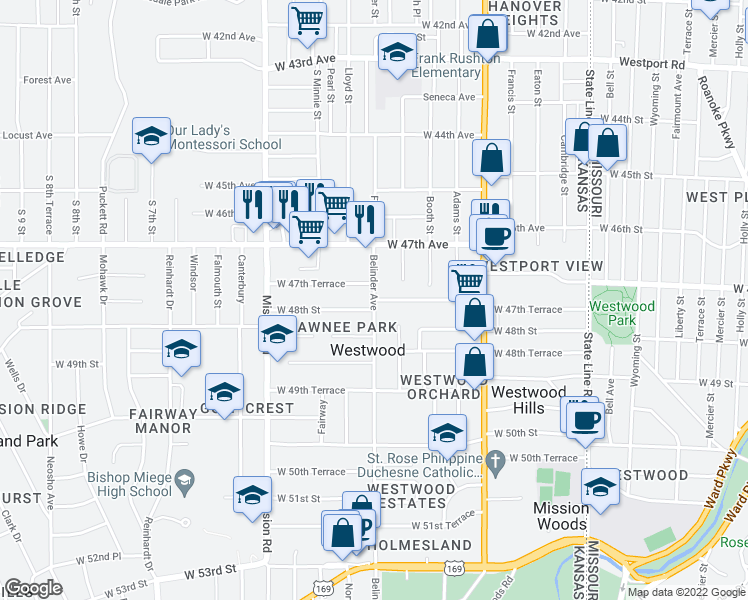 map of restaurants, bars, coffee shops, grocery stores, and more near Belinder Rd & W 47th Terrace in Westwood
