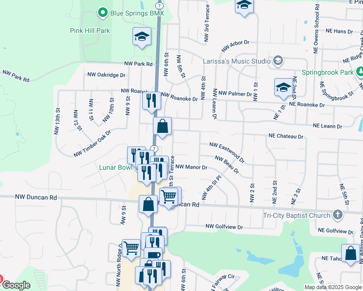 map of restaurants, bars, coffee shops, grocery stores, and more near 516 Northwest Brad Circle in Blue Springs