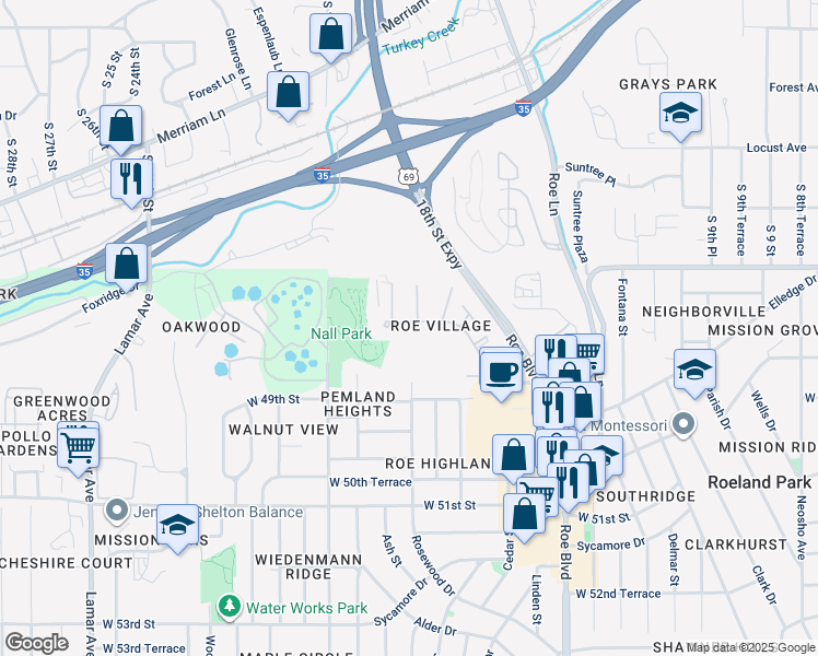 map of restaurants, bars, coffee shops, grocery stores, and more near 5405 Skyline Drive in Mission