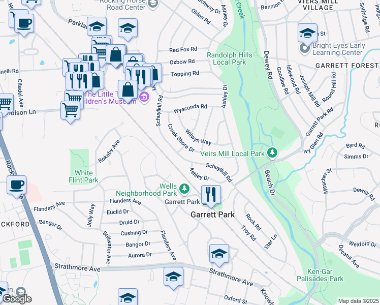 map of restaurants, bars, coffee shops, grocery stores, and more near 4706 Creek Shore Drive in Rockville