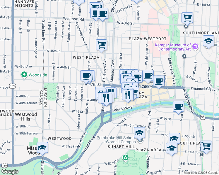map of restaurants, bars, coffee shops, grocery stores, and more near 4700 Roanoke Parkway in Kansas City
