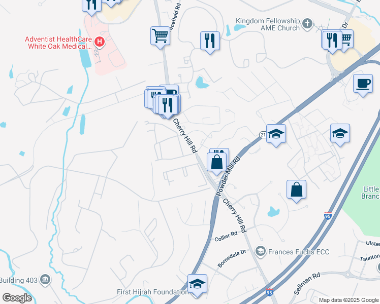 map of restaurants, bars, coffee shops, grocery stores, and more near 11322 Cherry Hill Road in Beltsville