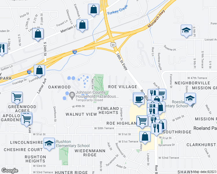 map of restaurants, bars, coffee shops, grocery stores, and more near 5156 Skyline Dr in Roeland Park