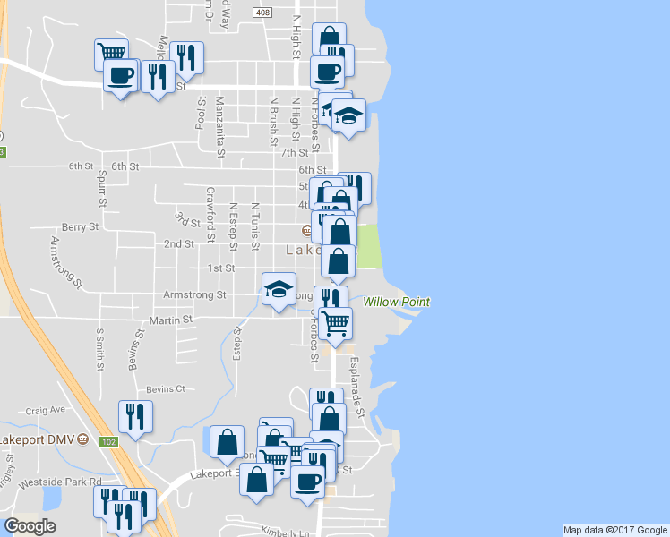 map of restaurants, bars, coffee shops, grocery stores, and more near 36 South Main Street in Lakeport