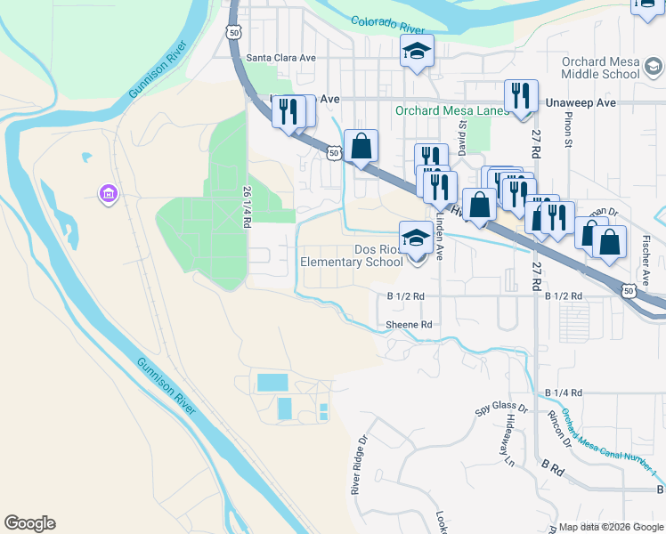 map of restaurants, bars, coffee shops, grocery stores, and more near 266 Gettysburg Street in Grand Junction